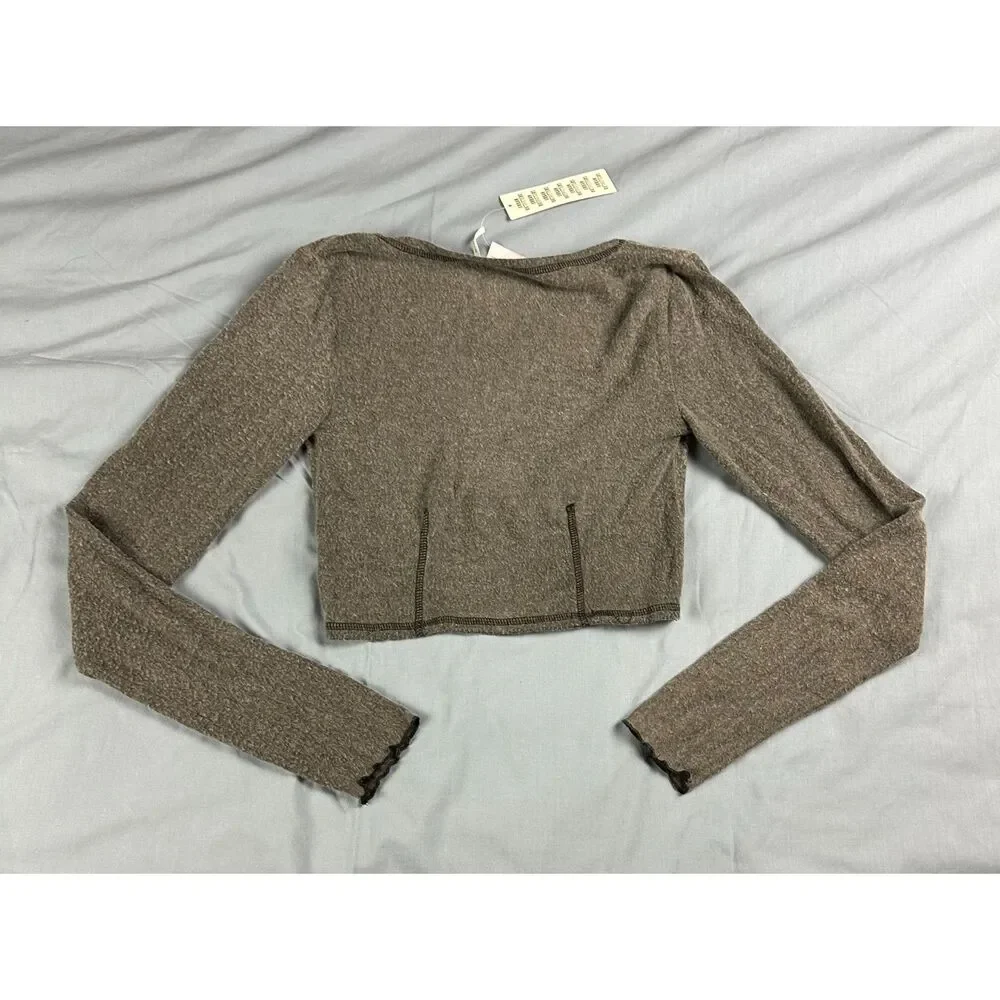 NWT w/flaw Urban Outfitters Fleece Long Sleeve Crop Top Gray Twist Front Size M